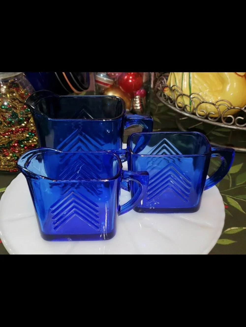 Set Of Three (3) Vintage Hazel Atlas Cobalt Blue Creamer & Sugar Set